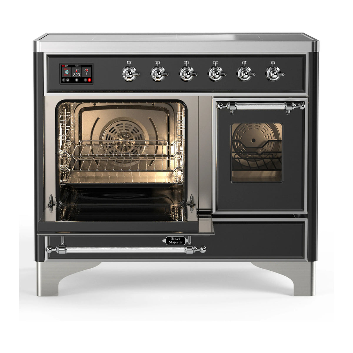 Matte graphite induction range with two oven doors open, showing racks inside both ovens