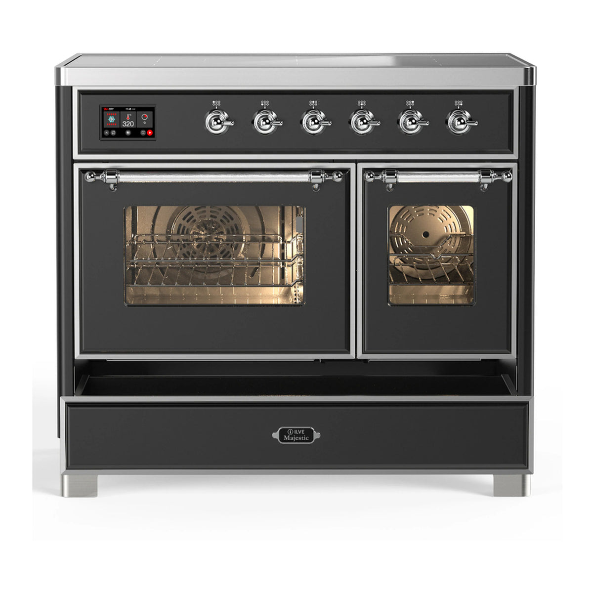 Matte graphite induction range with two oven doors closed and top cooktop control panel