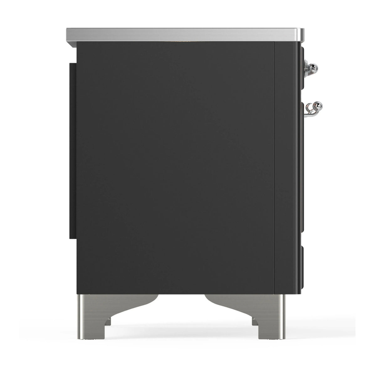Matte graphite induction range side panel with chrome handles and silver support legs