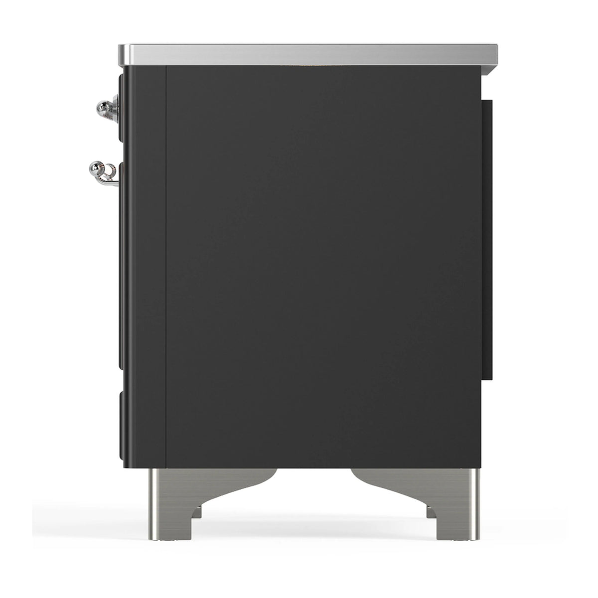 Matte graphite induction range opposite side panel with chrome handles and silver support legs