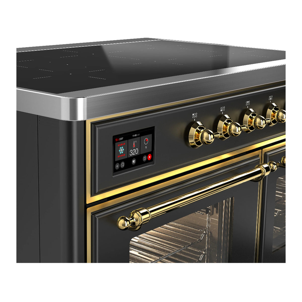 Matte graphite induction range control panel with digital display and brass burner knobs