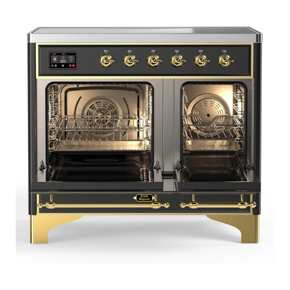 Matte graphite induction range oven cavity with racks and two open glass doors