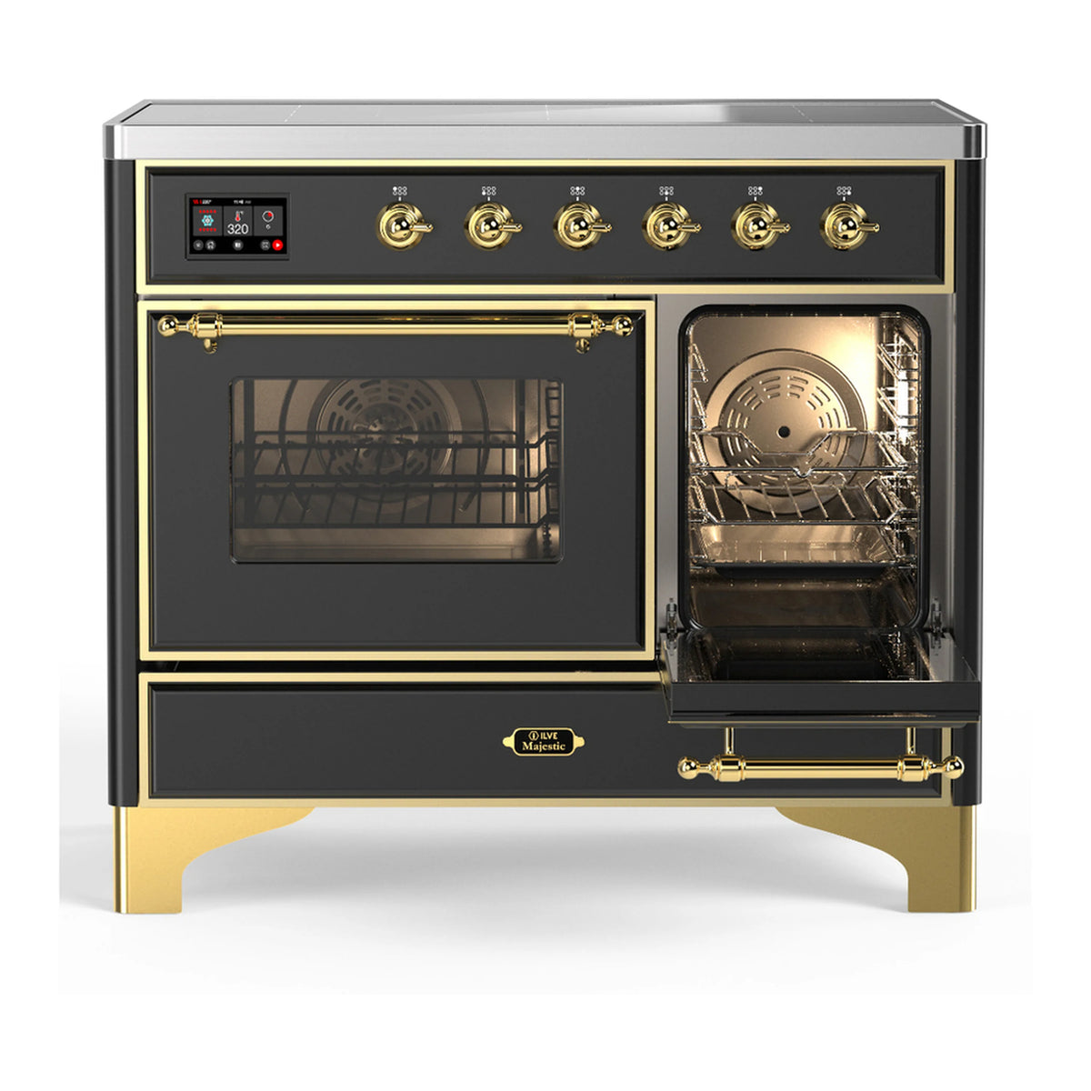 Matte graphite induction range with one oven door open, interior light and brass trim