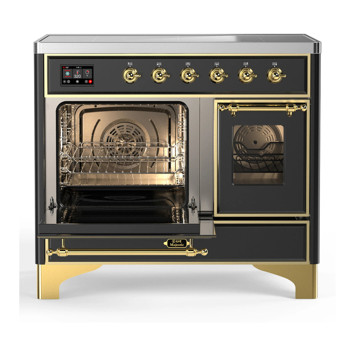 Matte graphite induction range with both oven doors open, illuminated racks and brass handles
