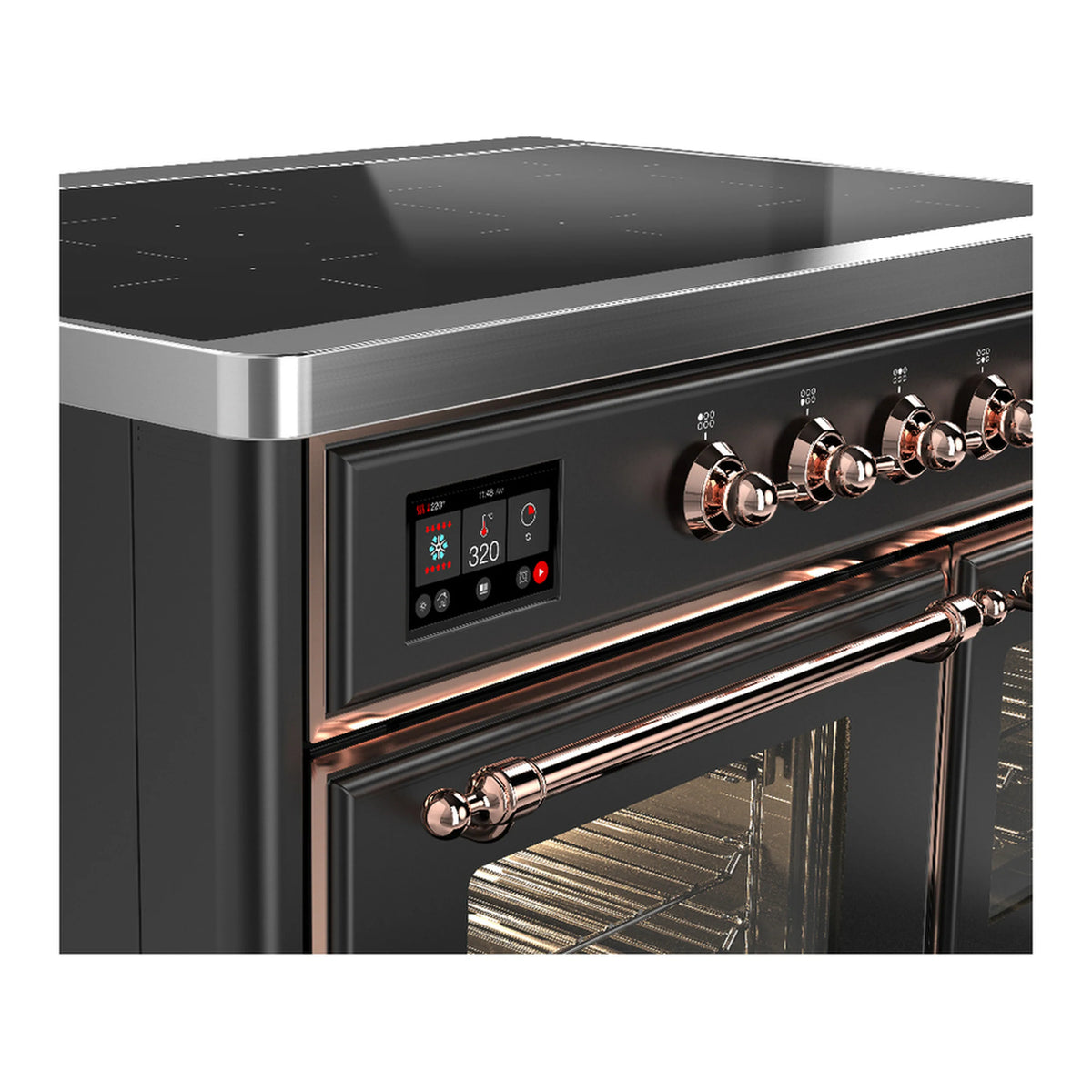 Matte graphite induction oven range with copper knob controls and triple-pane door