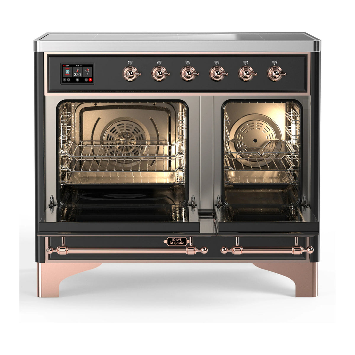 Matte graphite induction range with copper-trimmed open ovens showing racks
