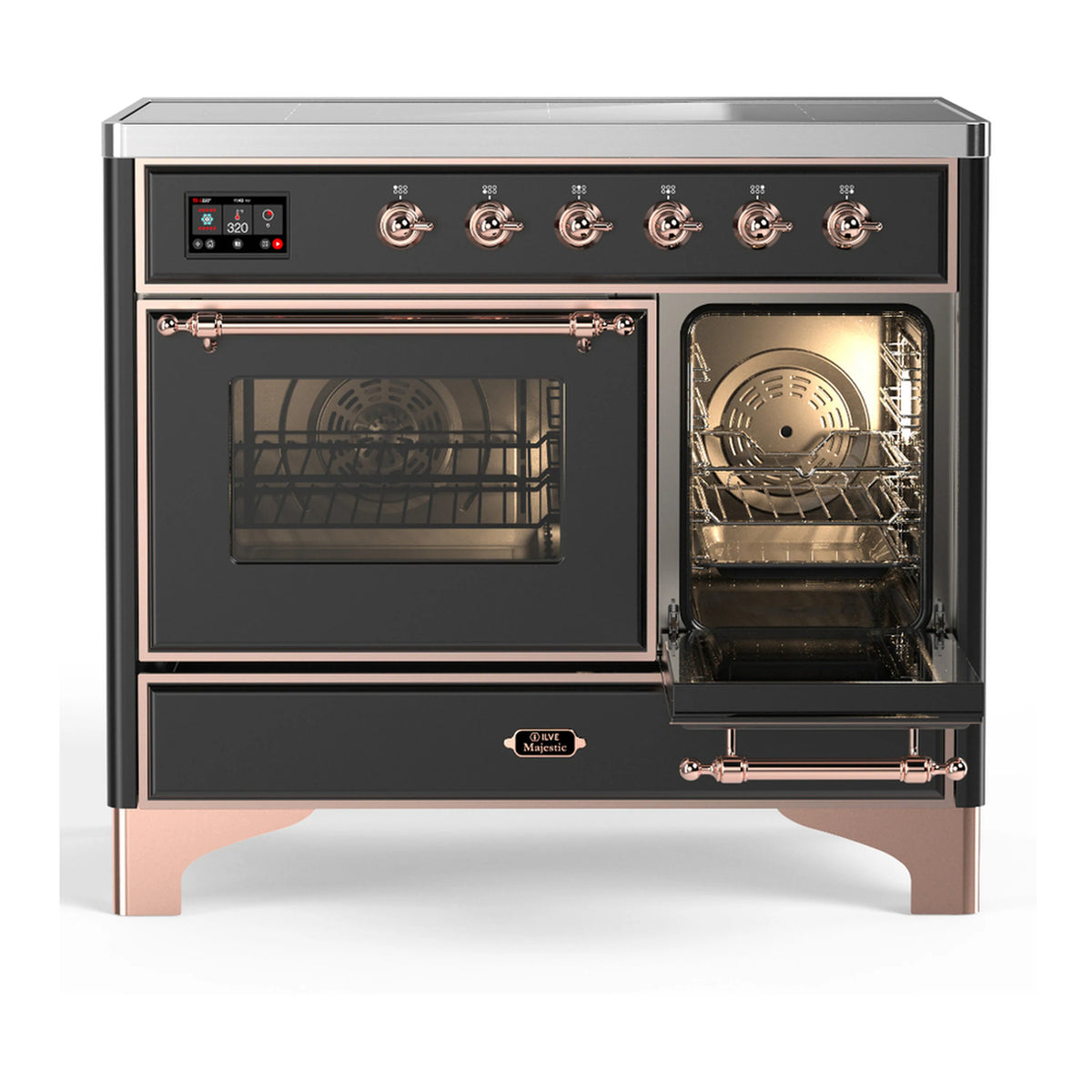 Matte graphite induction range with copper-trimmed controls and glass oven doors