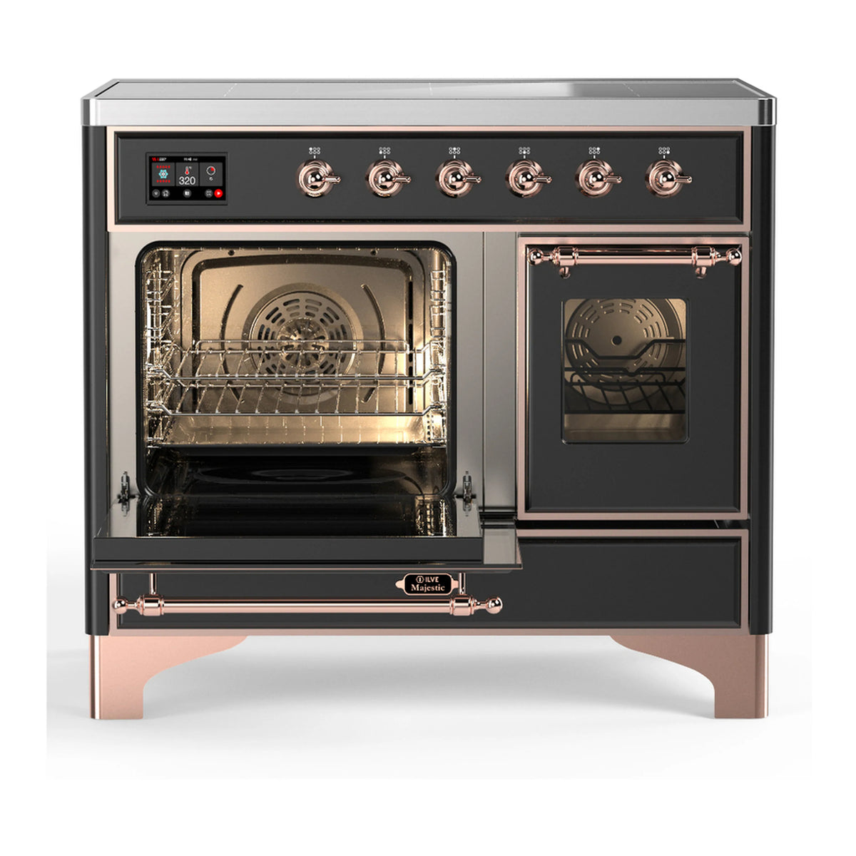 Matte graphite induction range with copper trim, left oven open, right oven door closed