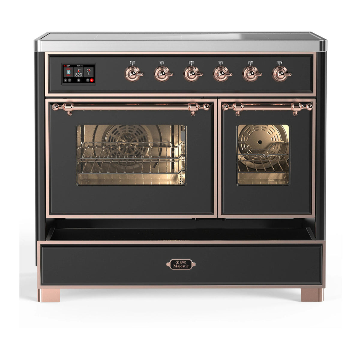 Matte graphite induction range front view with copper control panel and two ovens