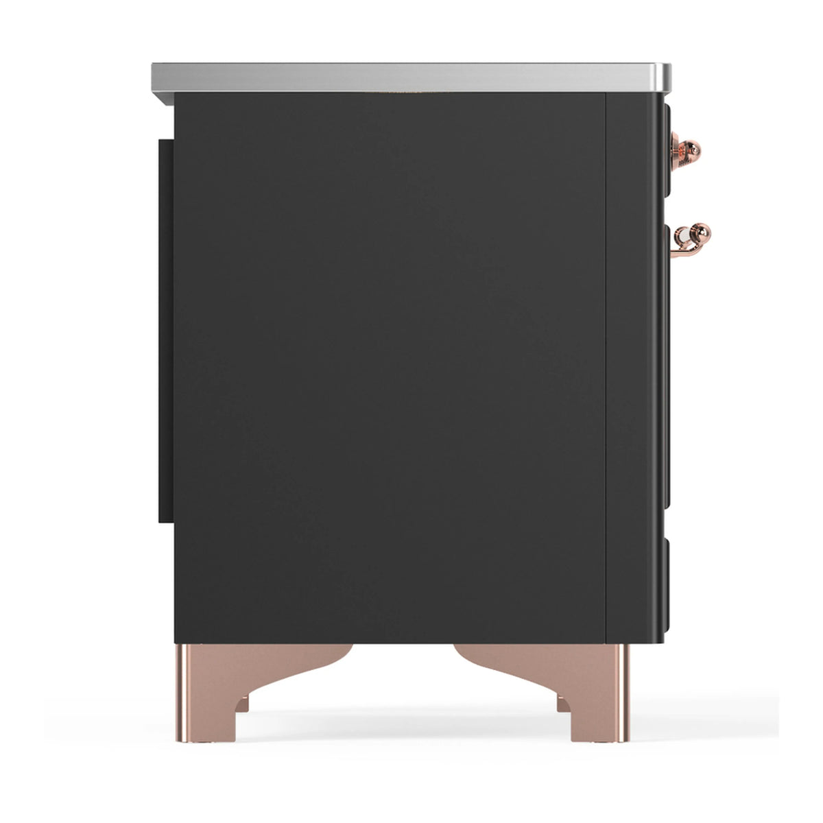 Matte graphite side panel of an induction range with copper-trim accents