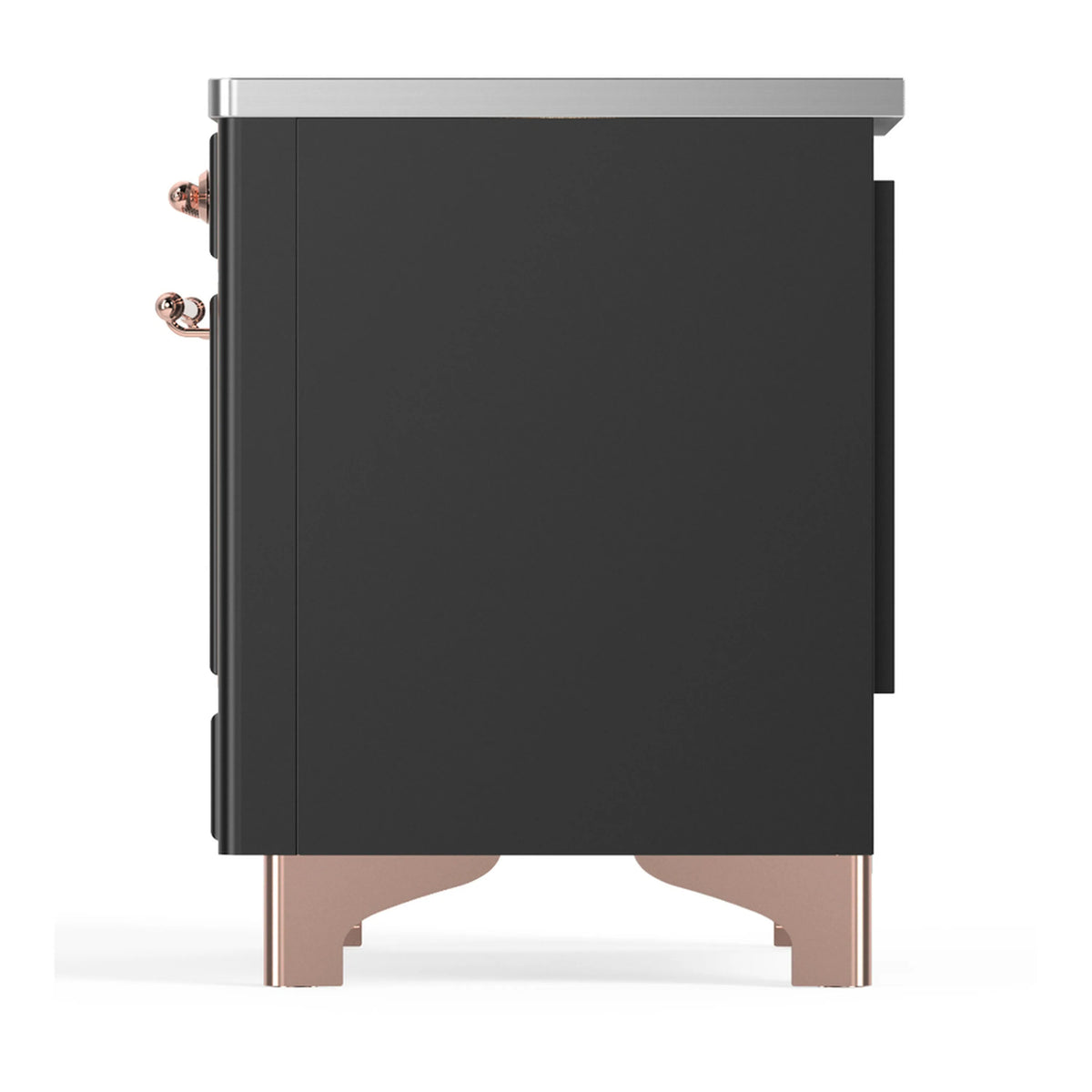 Matte graphite rear side of induction range with copper handle accents