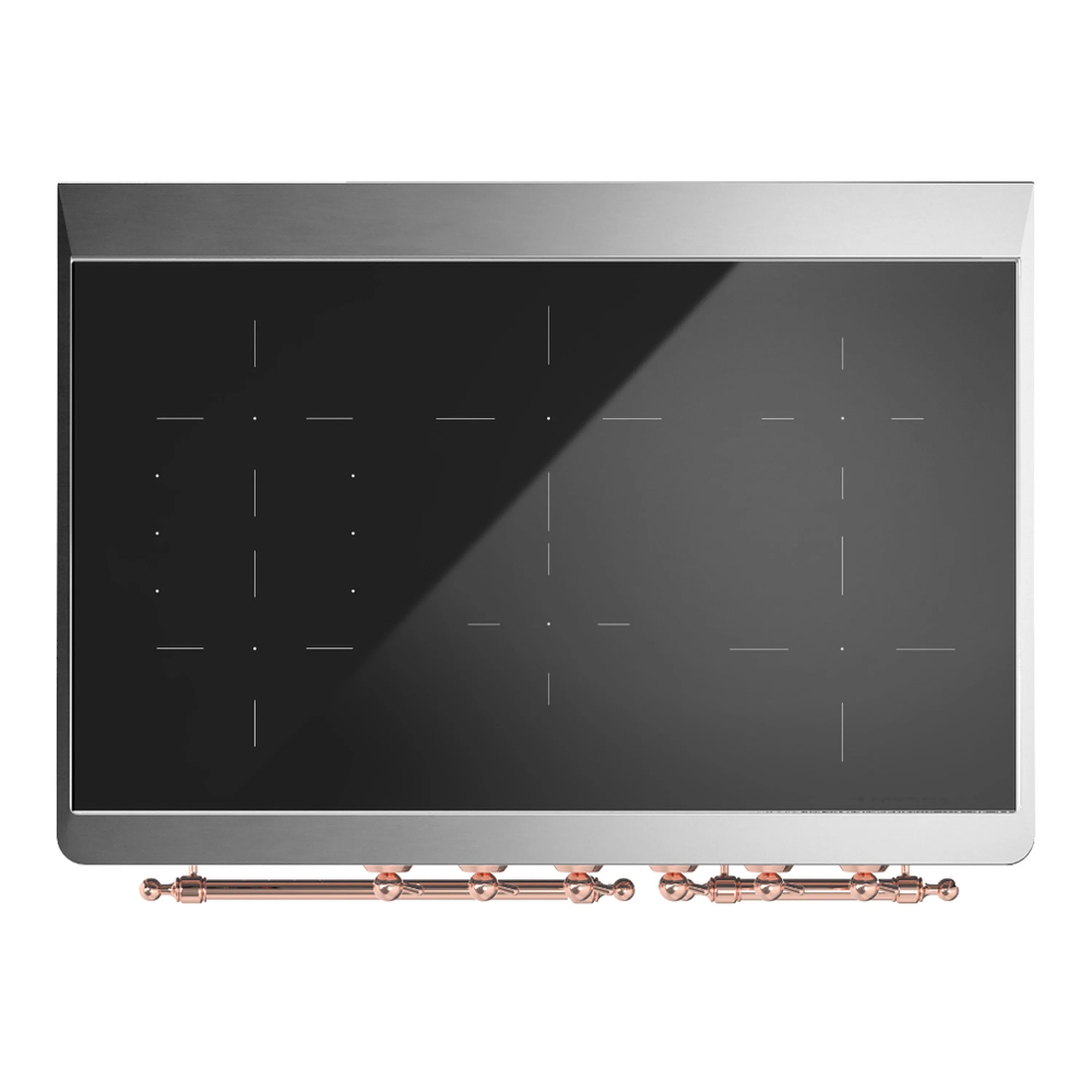 Induction cooktop surface with dark glass and copper trim at the front