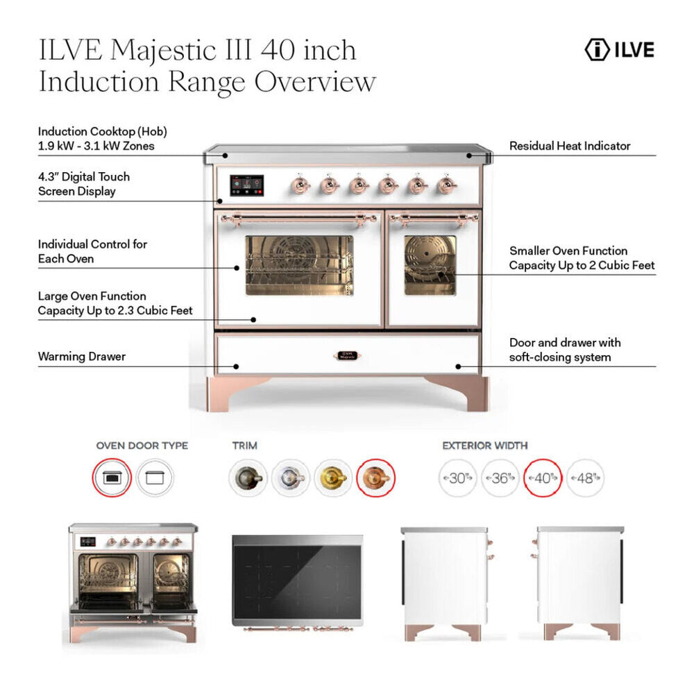 ILVE Majestic III 40-Inch Induction Range with 6 Induction Elements and Triple Glass Door Electric Oven in Mediterranean Mint with Burnished Trim (UMDIB40NR3MMB)