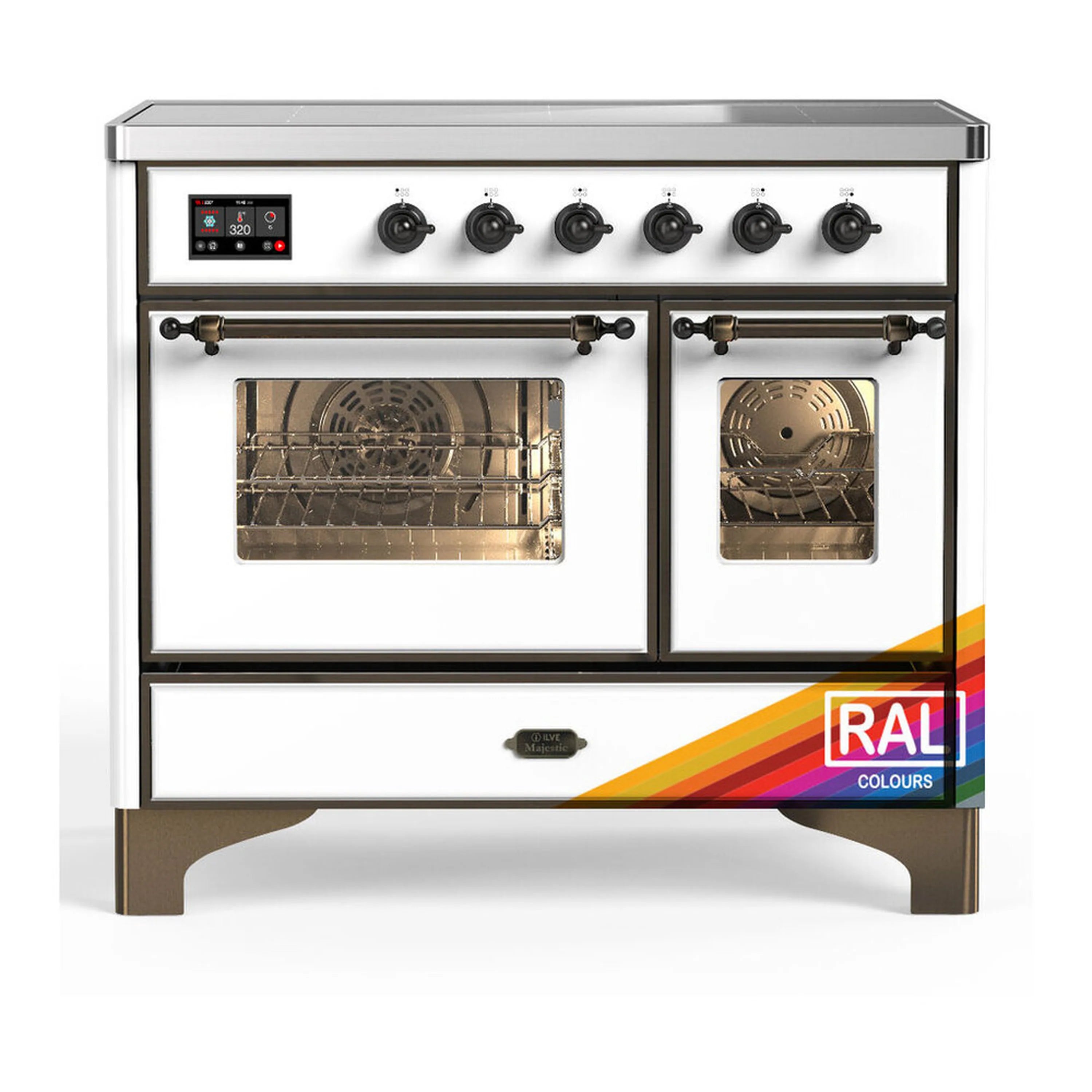 ILVE induction range with two glass oven doors, stainless trim, and six knob controls