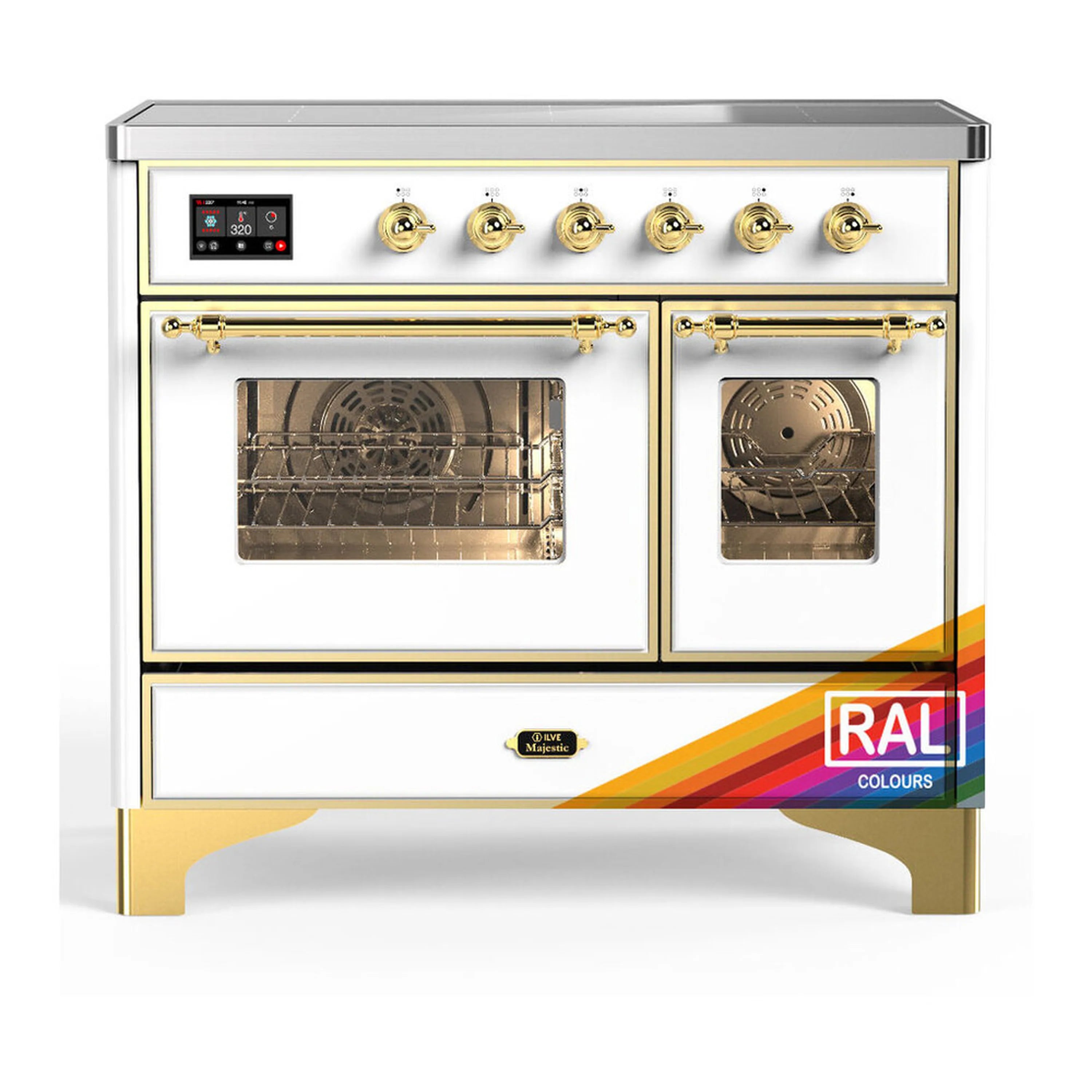 Brass-trim induction range with two oven doors and glass electric oven, front view