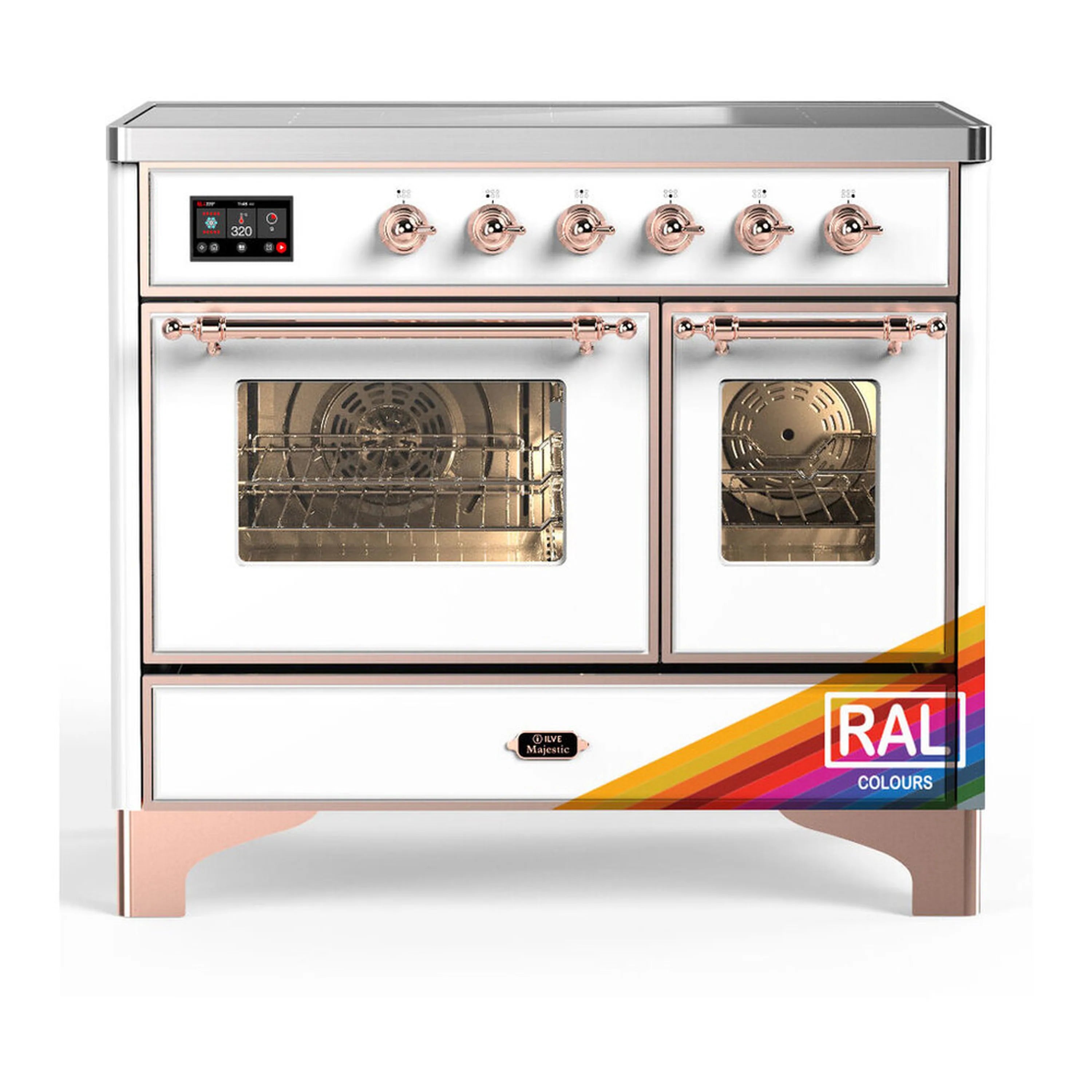 Induction range with two oven doors, triple-glass window, copper trim, and control panel