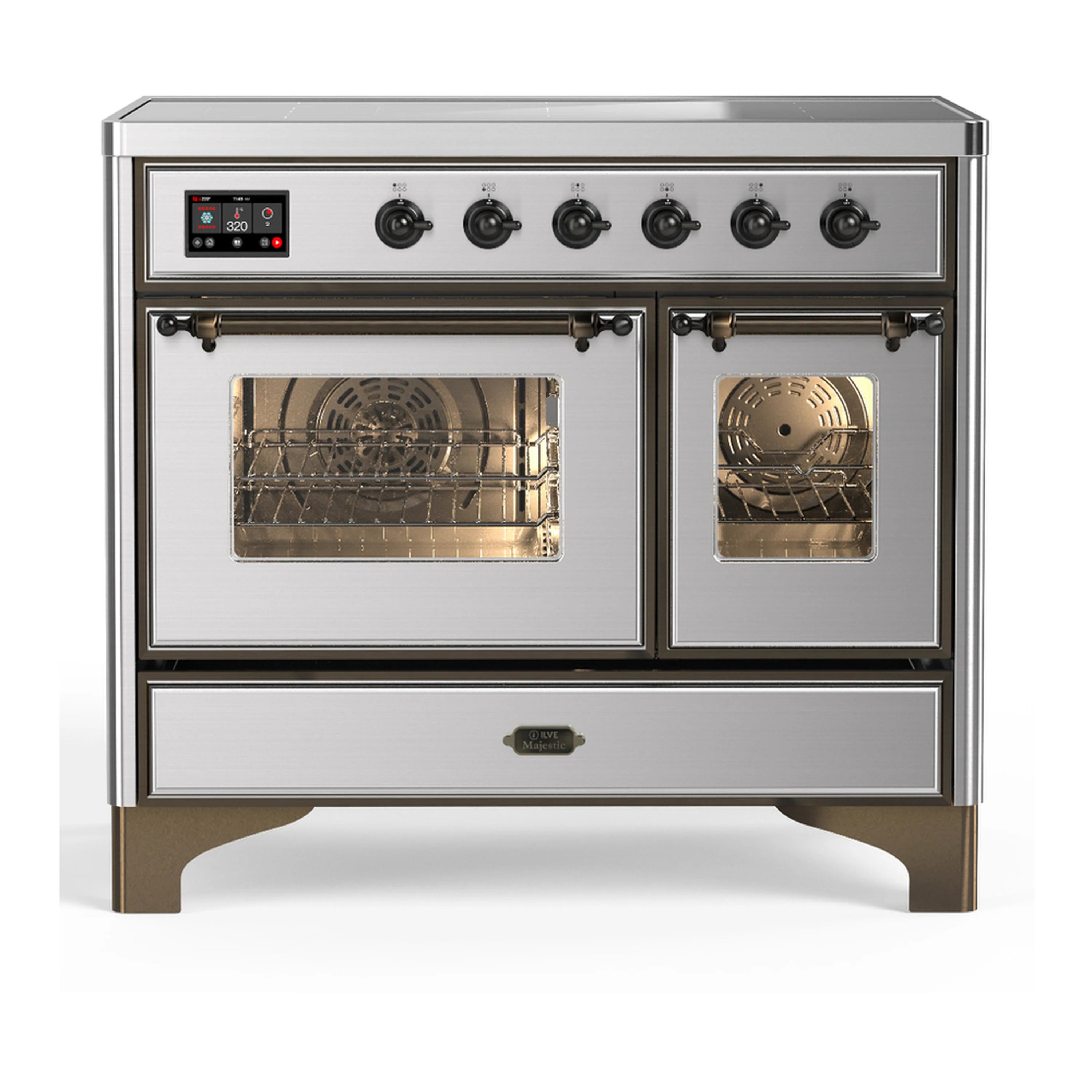 Stainless induction range with 2 ovens, triple glass doors, and 6 induction elements