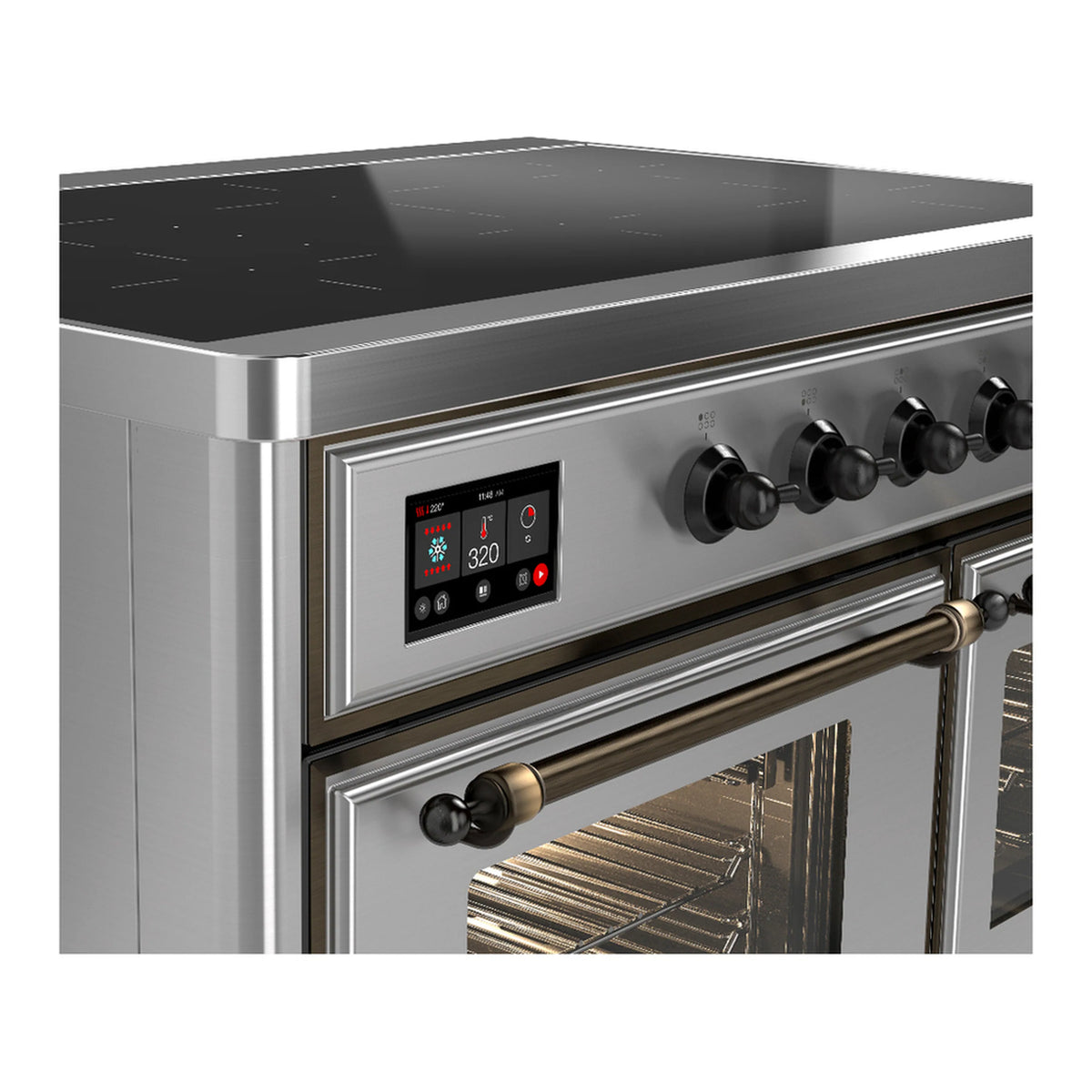 Stainless induction range control panel with digital display and round burner knobs