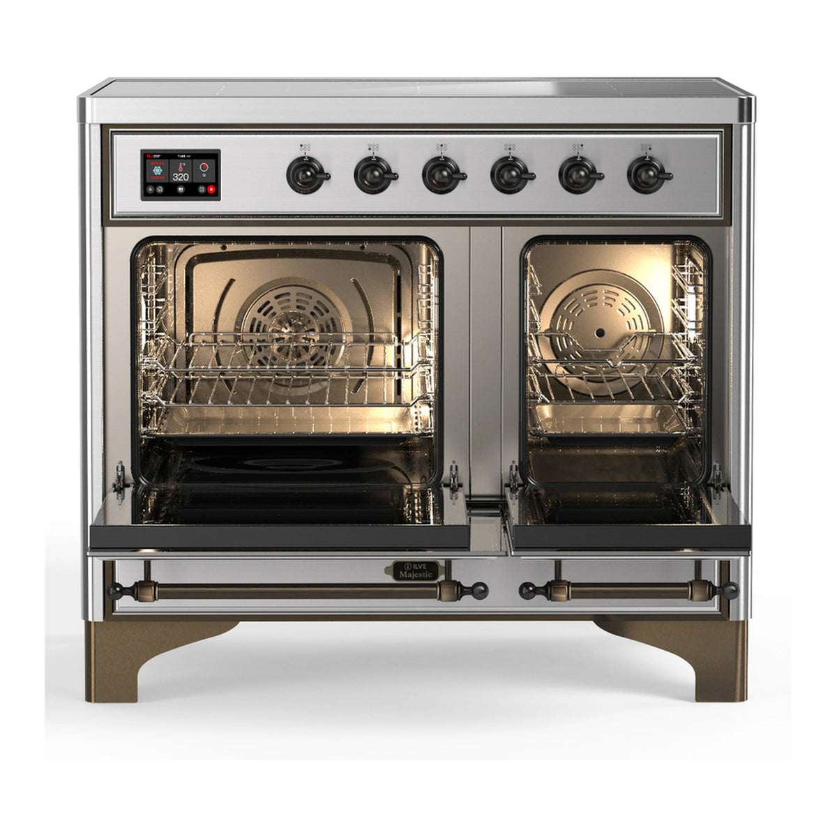 Stainless induction range with 2 open ovens showing racks and interior lighting