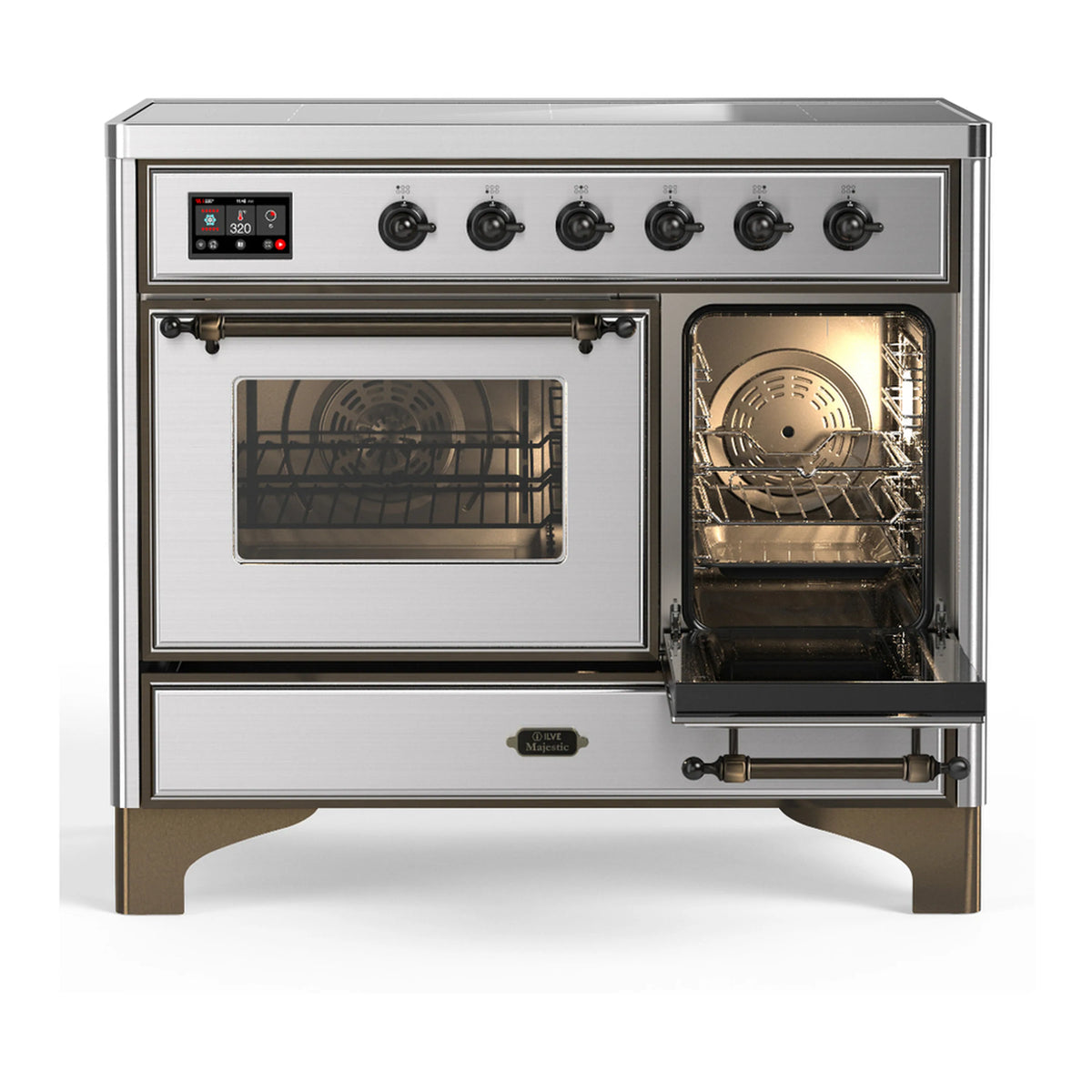 Stainless induction range with right oven door open and left door closed, interior lit