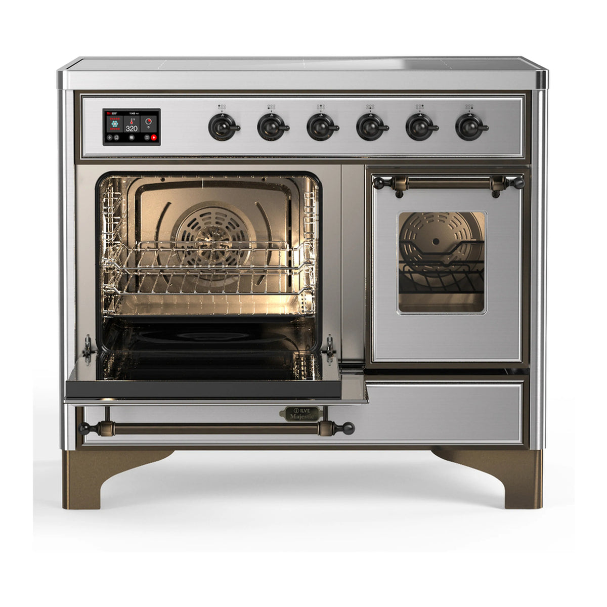 Stainless induction range with 2 oven doors open, top vent and interior racks visible
