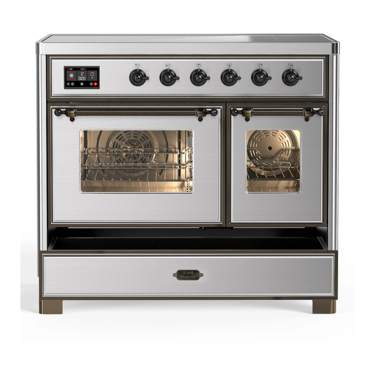 Stainless induction range with left oven door open, burners and backlit display visible
