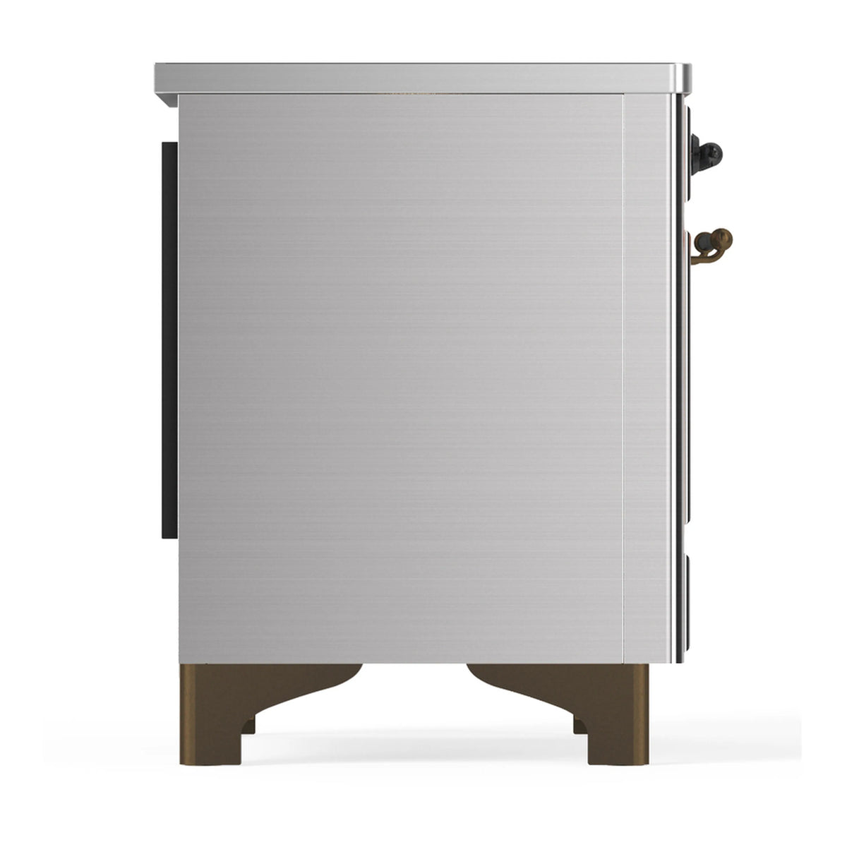 Stainless induction range left-side view with metal side panel and knobs