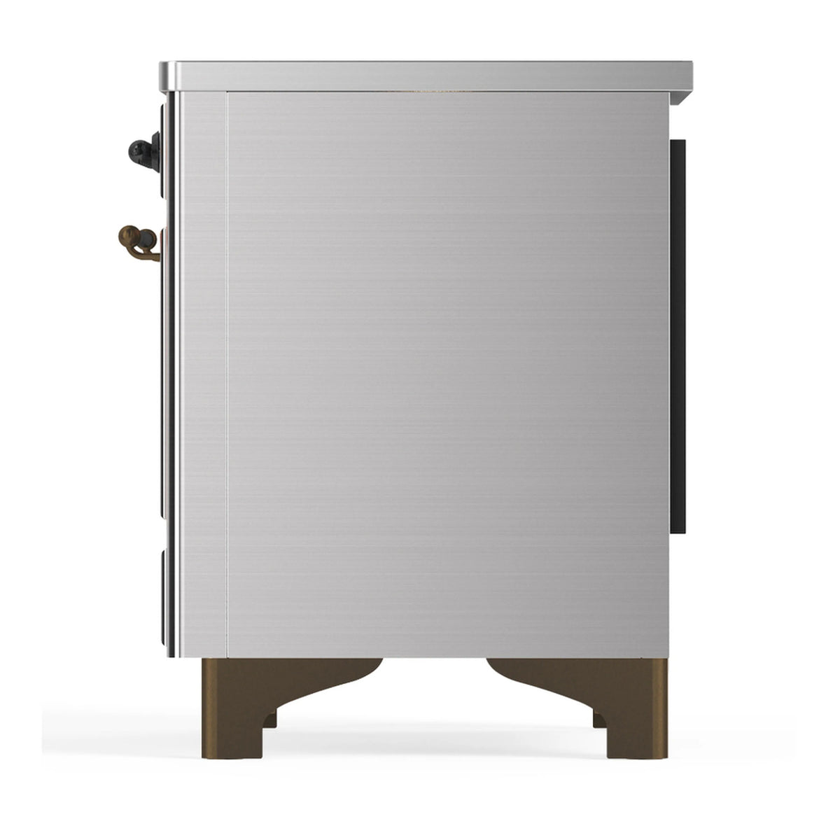 Stainless induction range right-side view with metal side panel and control knob detail