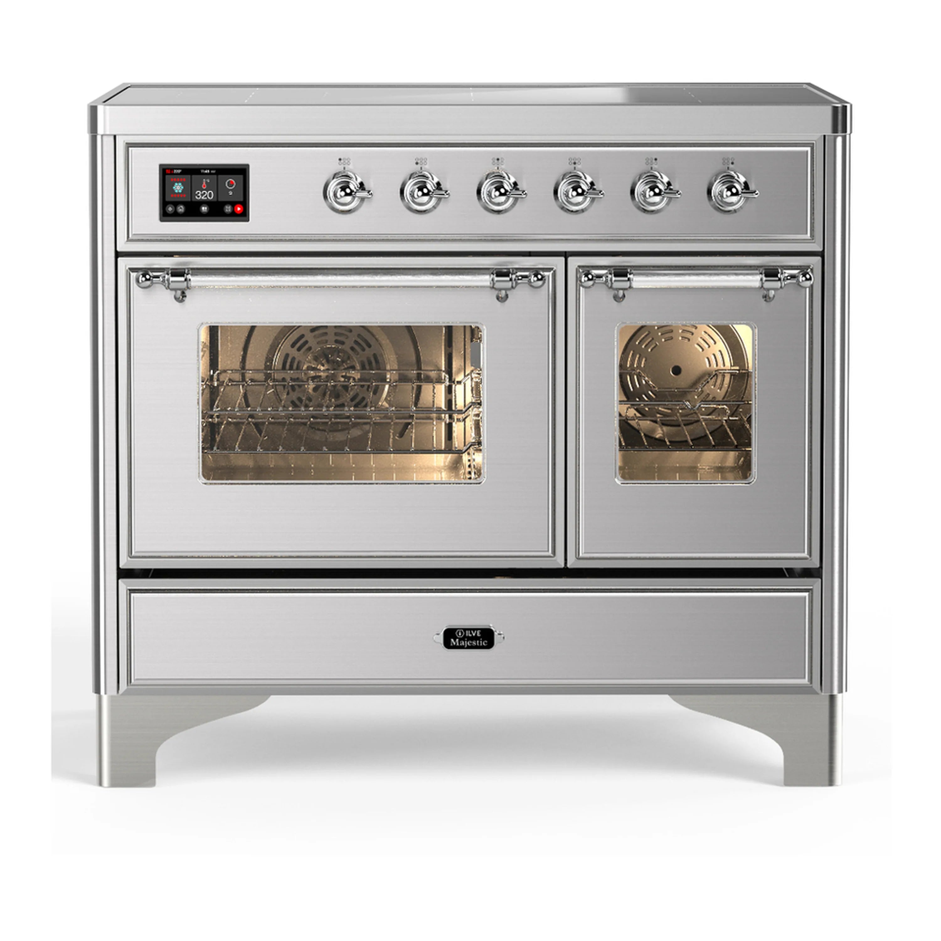 Stainless steel induction range with two oven doors and chrome control knobs