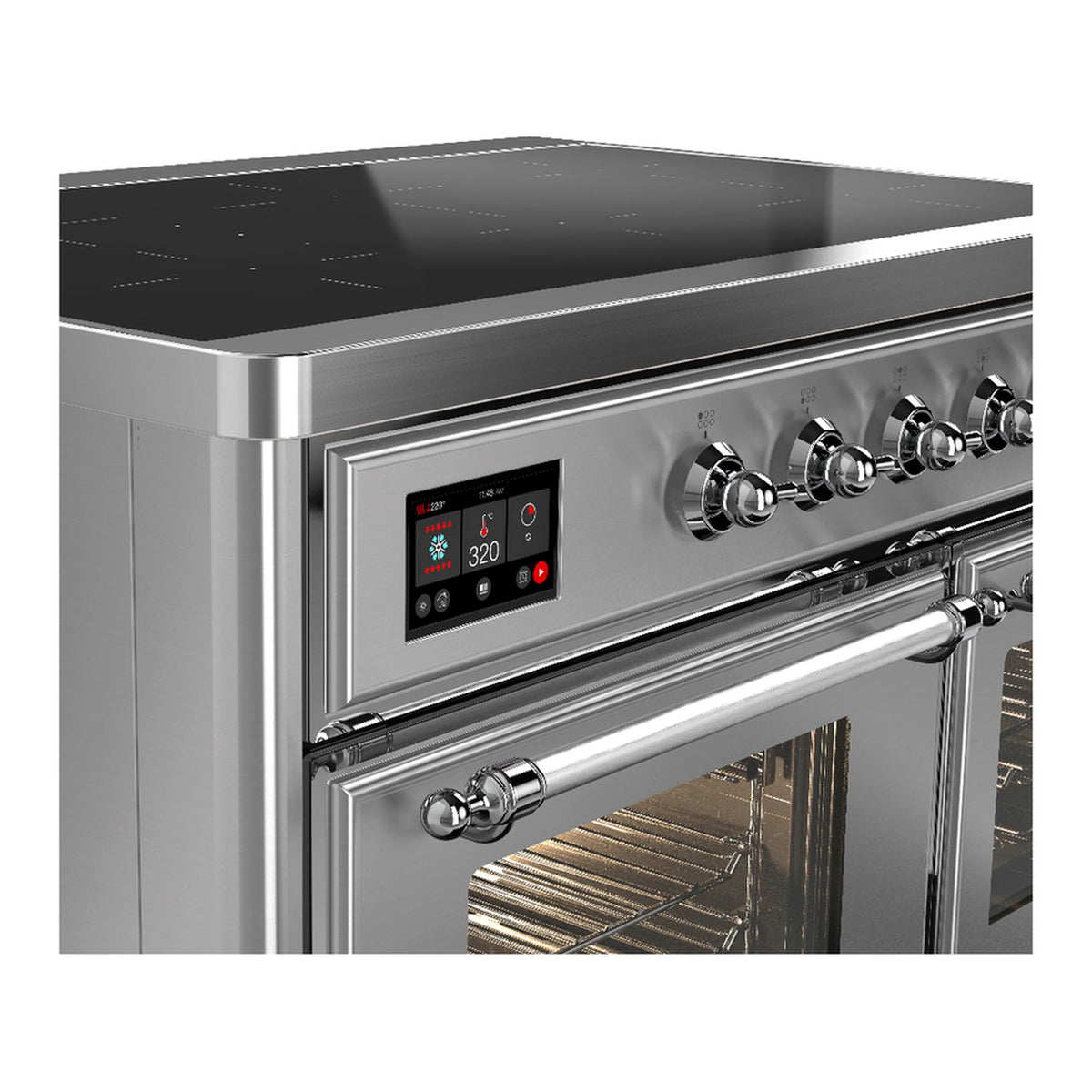 Stainless steel induction range control panel with digital display and chrome knobs
