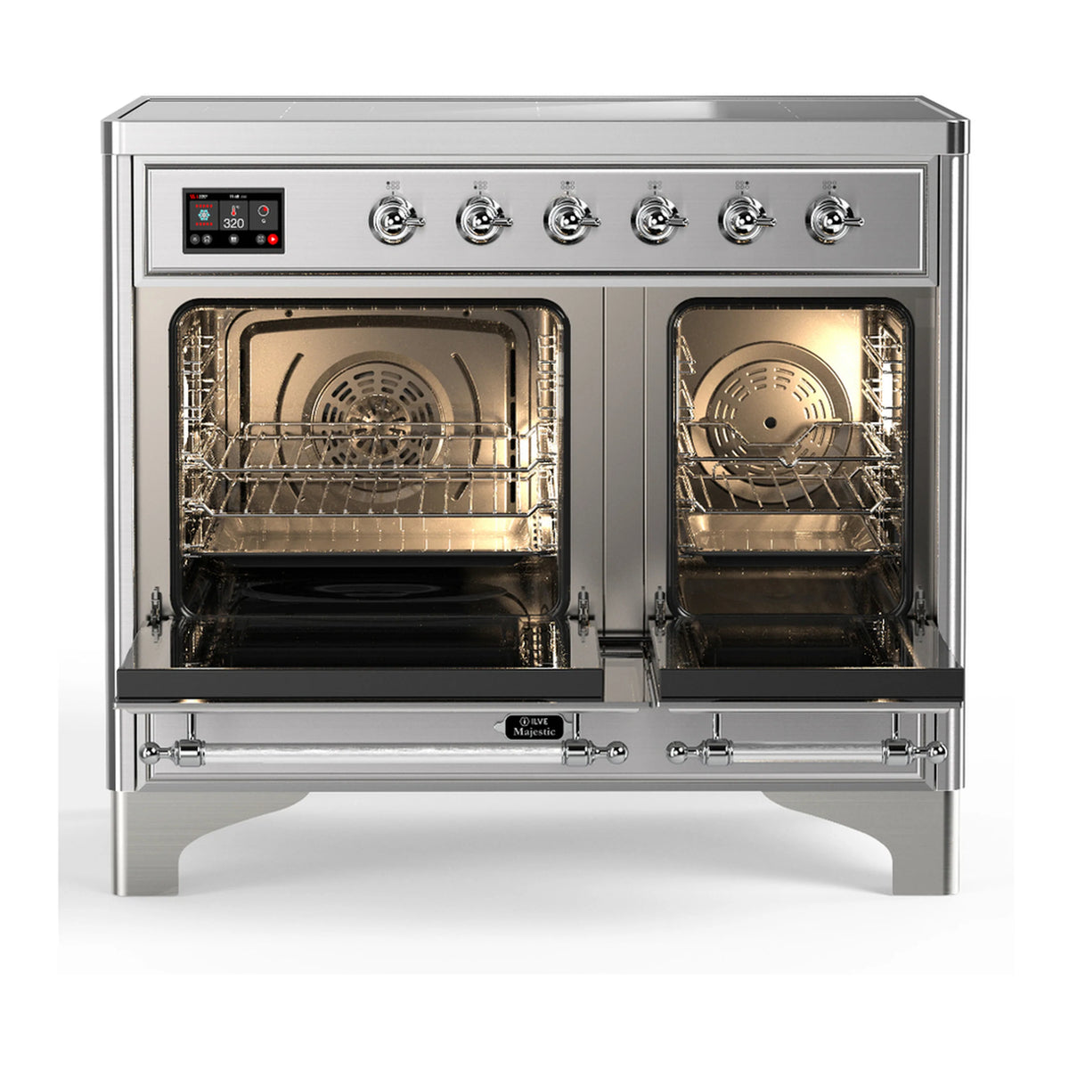 Stainless steel induction range with both oven doors open showing baking racks