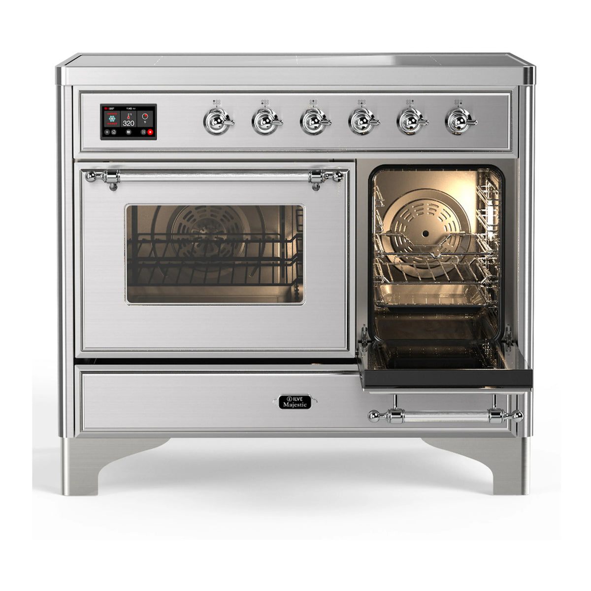 Stainless steel induction range with right oven door open and oven interior light