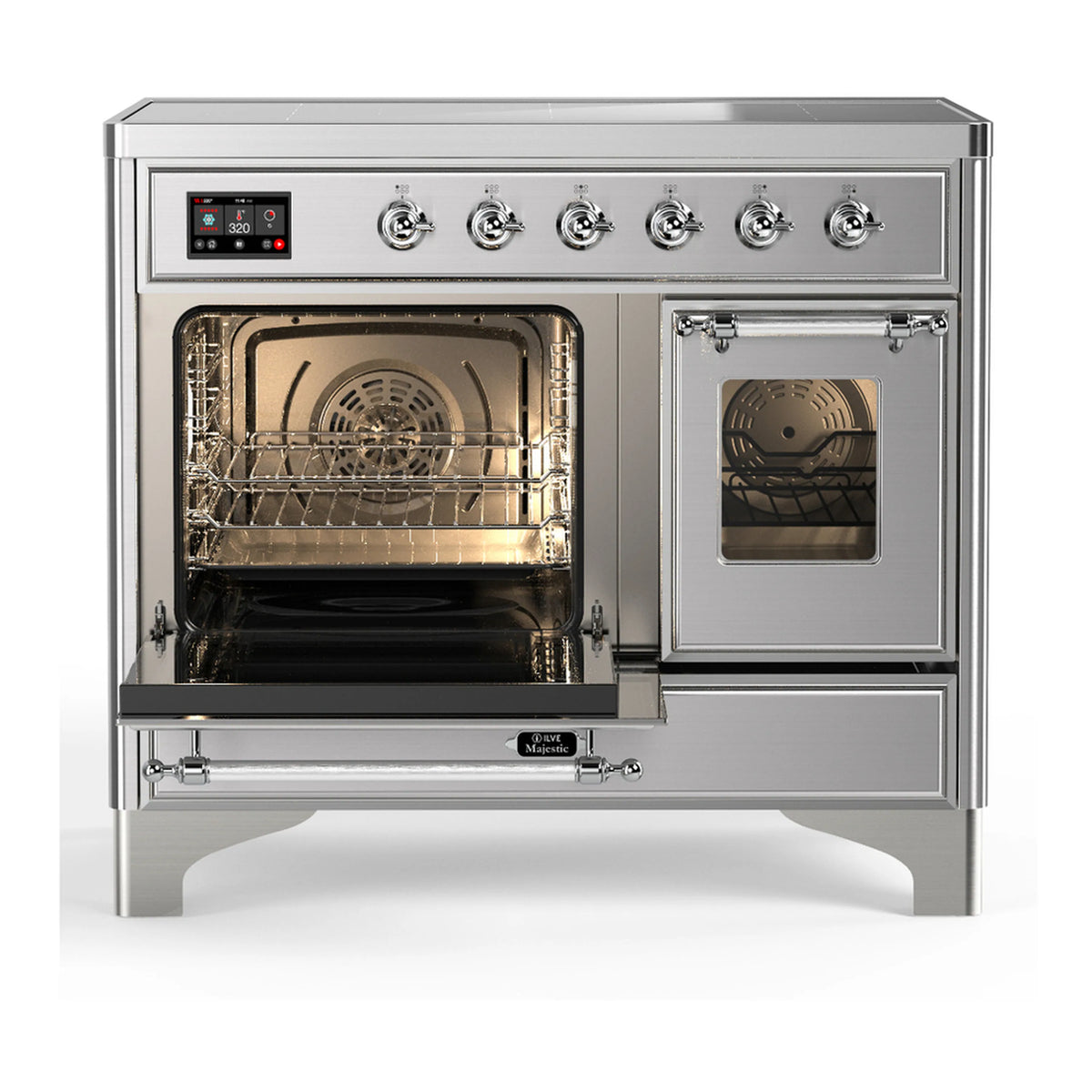 Stainless steel induction range with left oven door open and right oven door closed