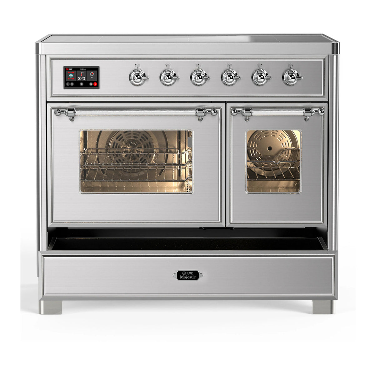 Stainless steel induction range front with two glass oven windows and chrome trim