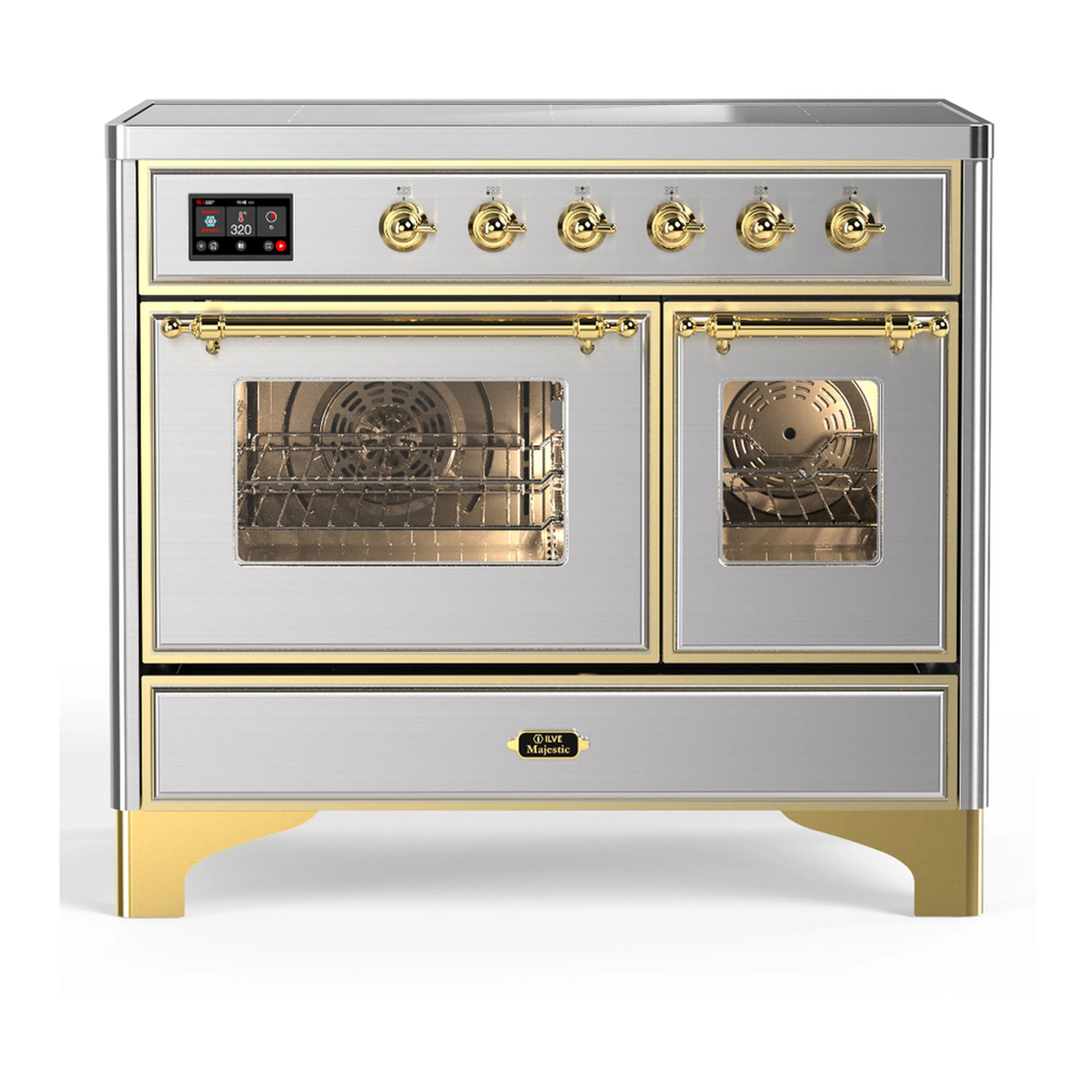Stainless steel induction range with twin ovens, brass trim, and triple glass doors