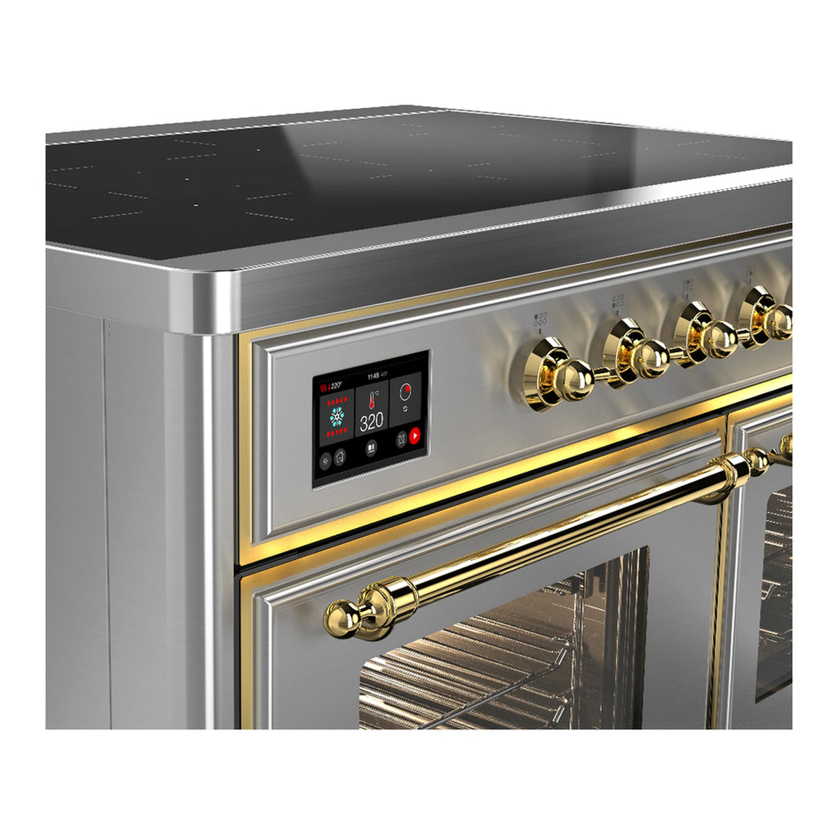 Induction range control panel with digital display and brass knob handles