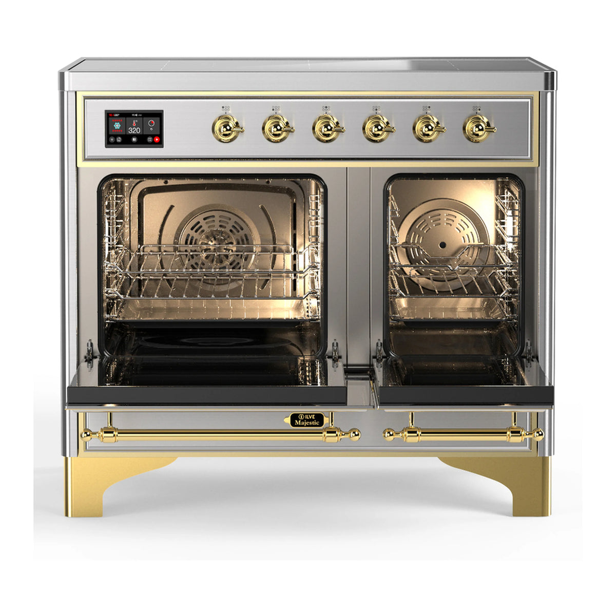 Stainless steel induction range with open ovens, triple glass doors, and brass trim