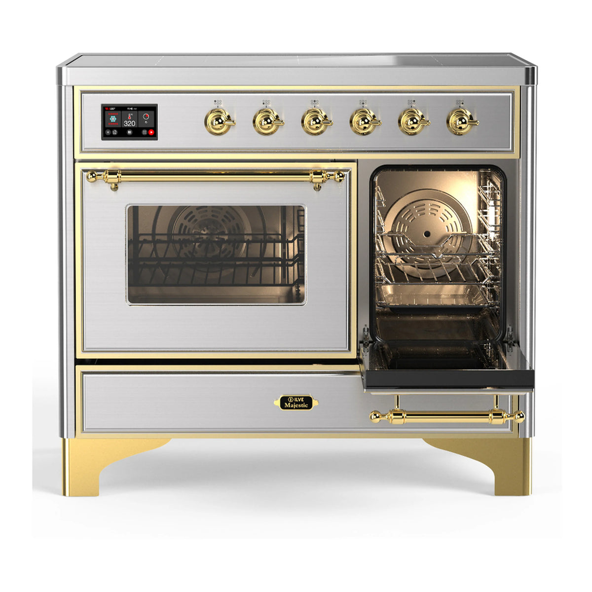 Induction range with left oven door closed, right oven door open, brass trim
