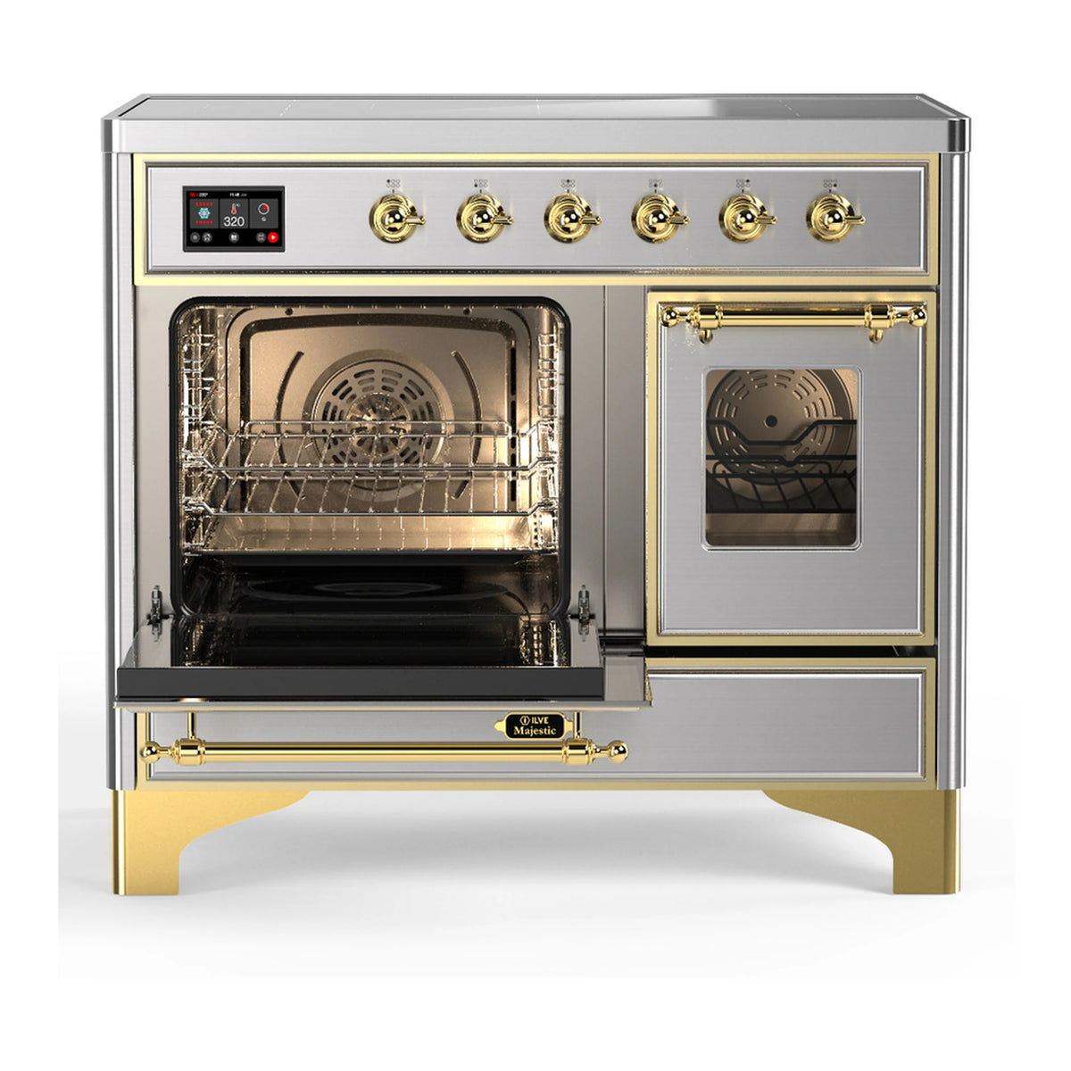 Induction range with left oven door open and right oven window, brass trim