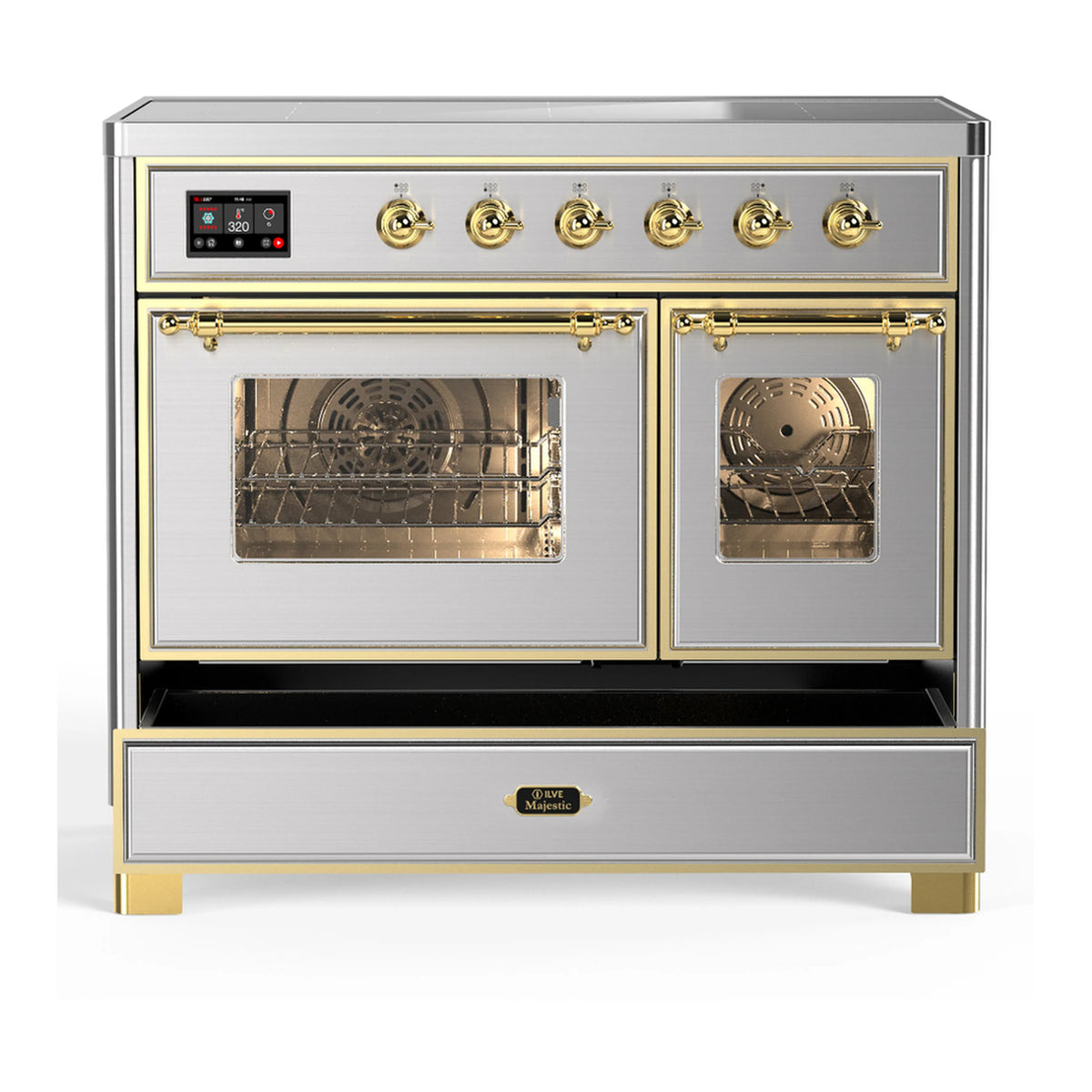 Stainless steel induction range with dual oven doors and brass trim on front