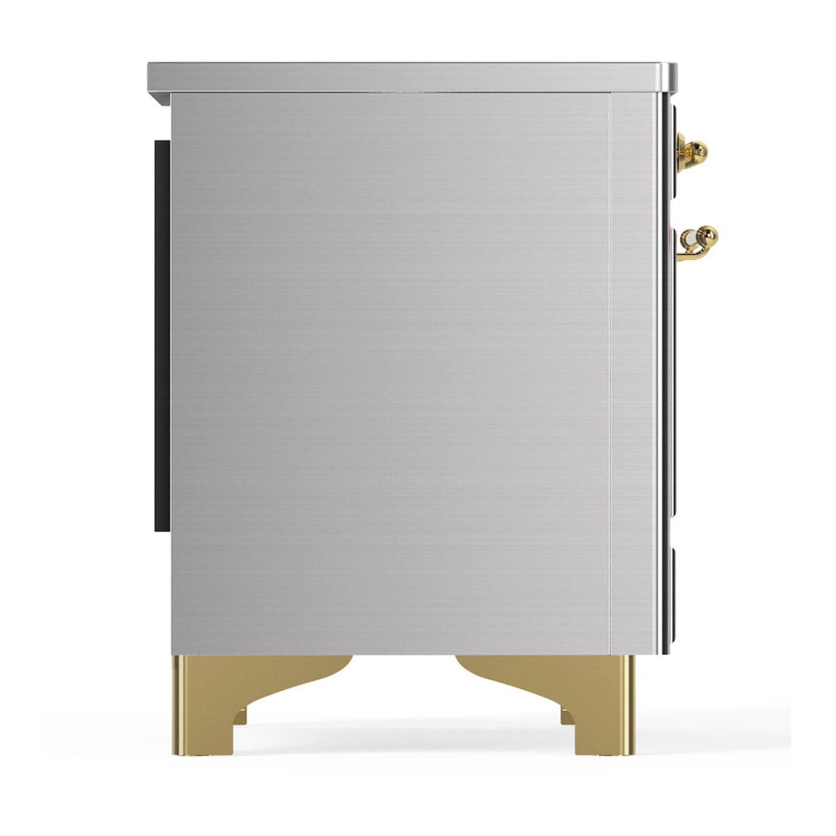 Side view of stainless steel induction range with brass trim legs and hardware