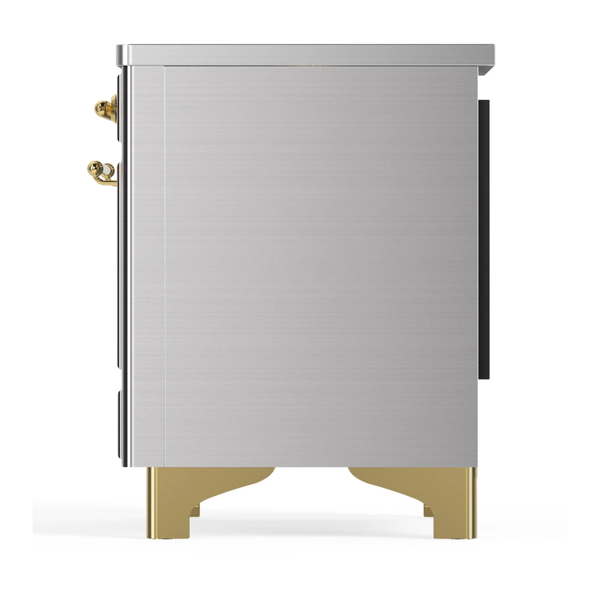 Rear side view of stainless steel induction range with brass trim legs