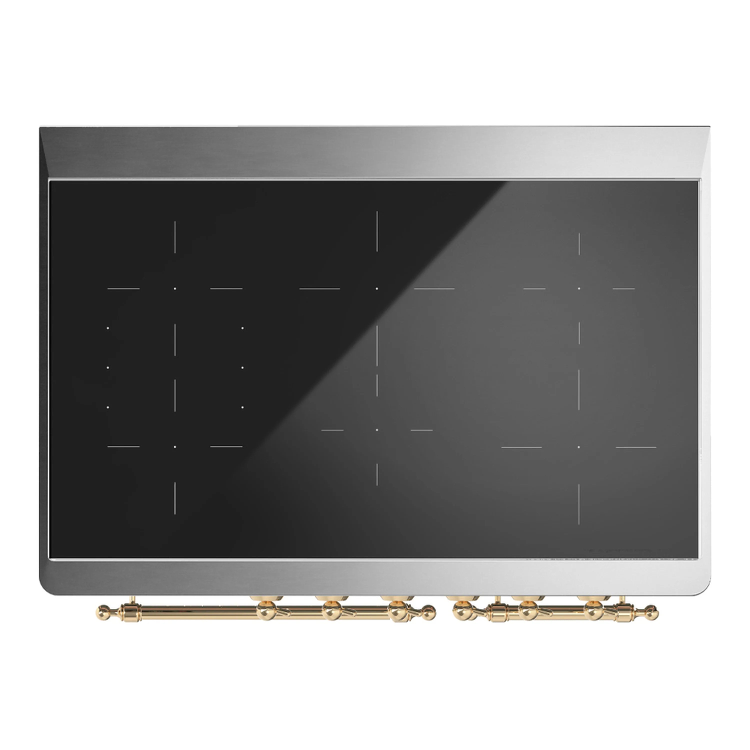 Induction cooktop with black glass surface and brass control knob base