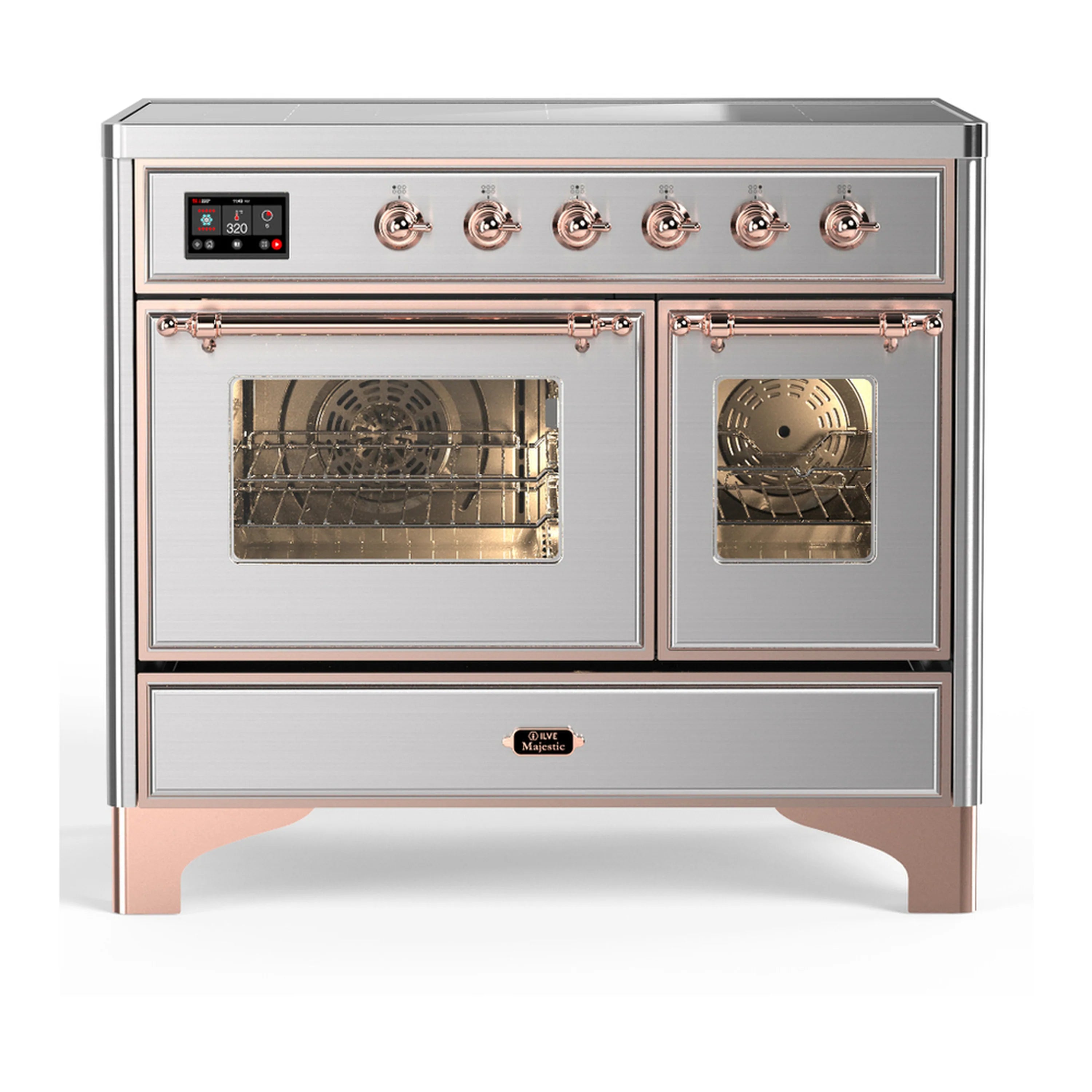 Stainless steel induction range with copper-trimmed controls and two oven doors open