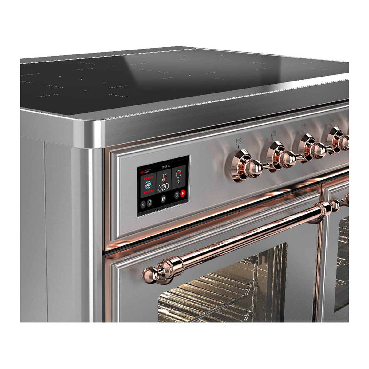 Stainless steel induction cooktop control panel with round copper knobs and digital display