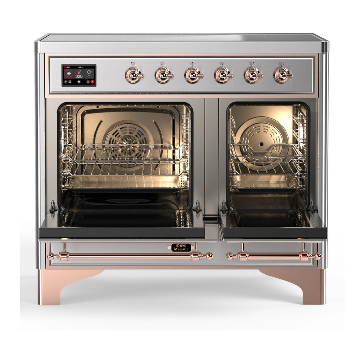 Stainless steel induction range showing two lit ovens with racks and copper accents