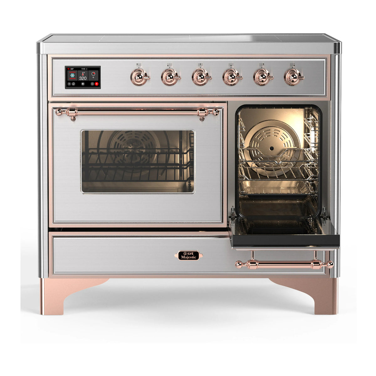 Stainless steel induction range with one oven door open and a second door closed