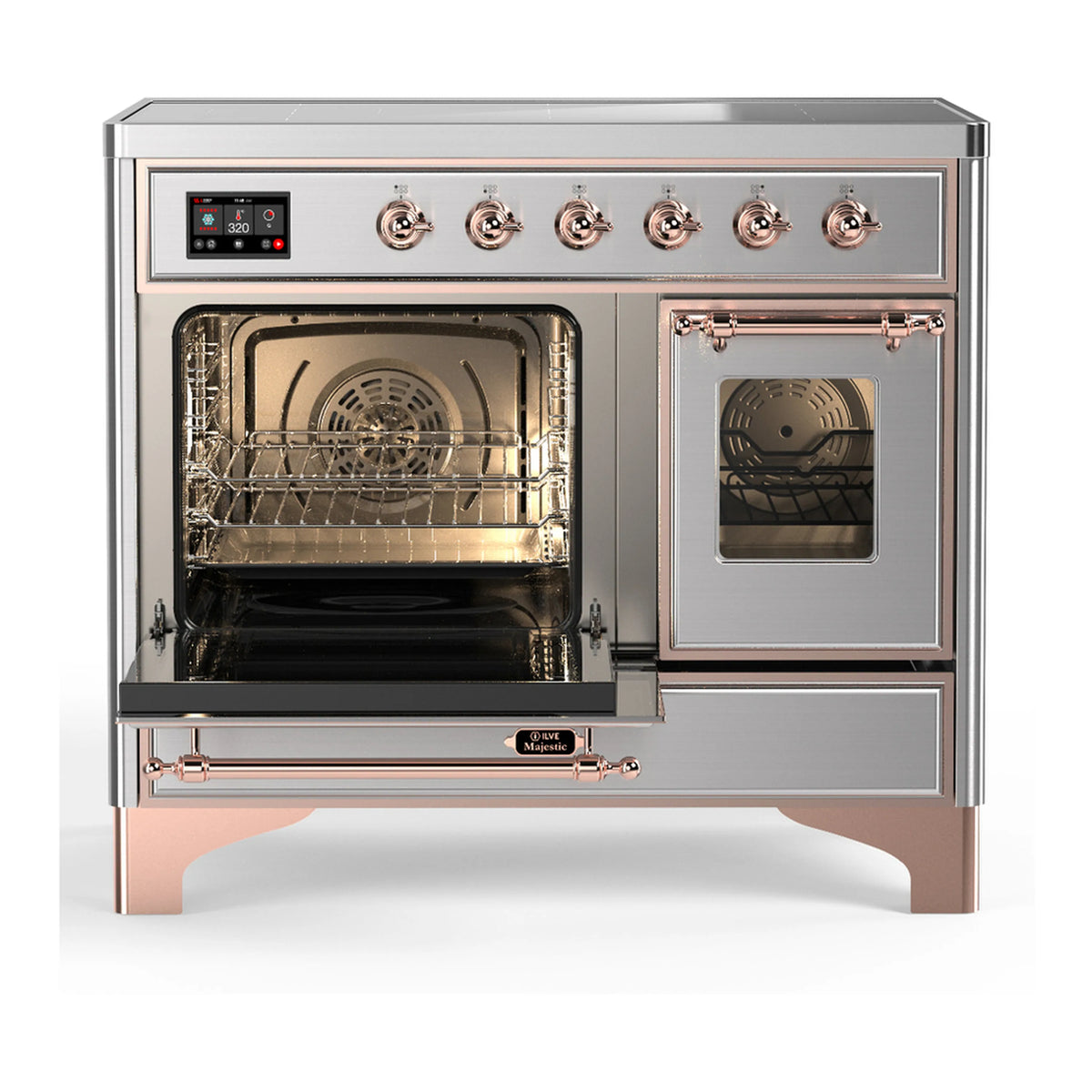 Stainless steel induction range with both ovens open, one door closed, and interior lighting