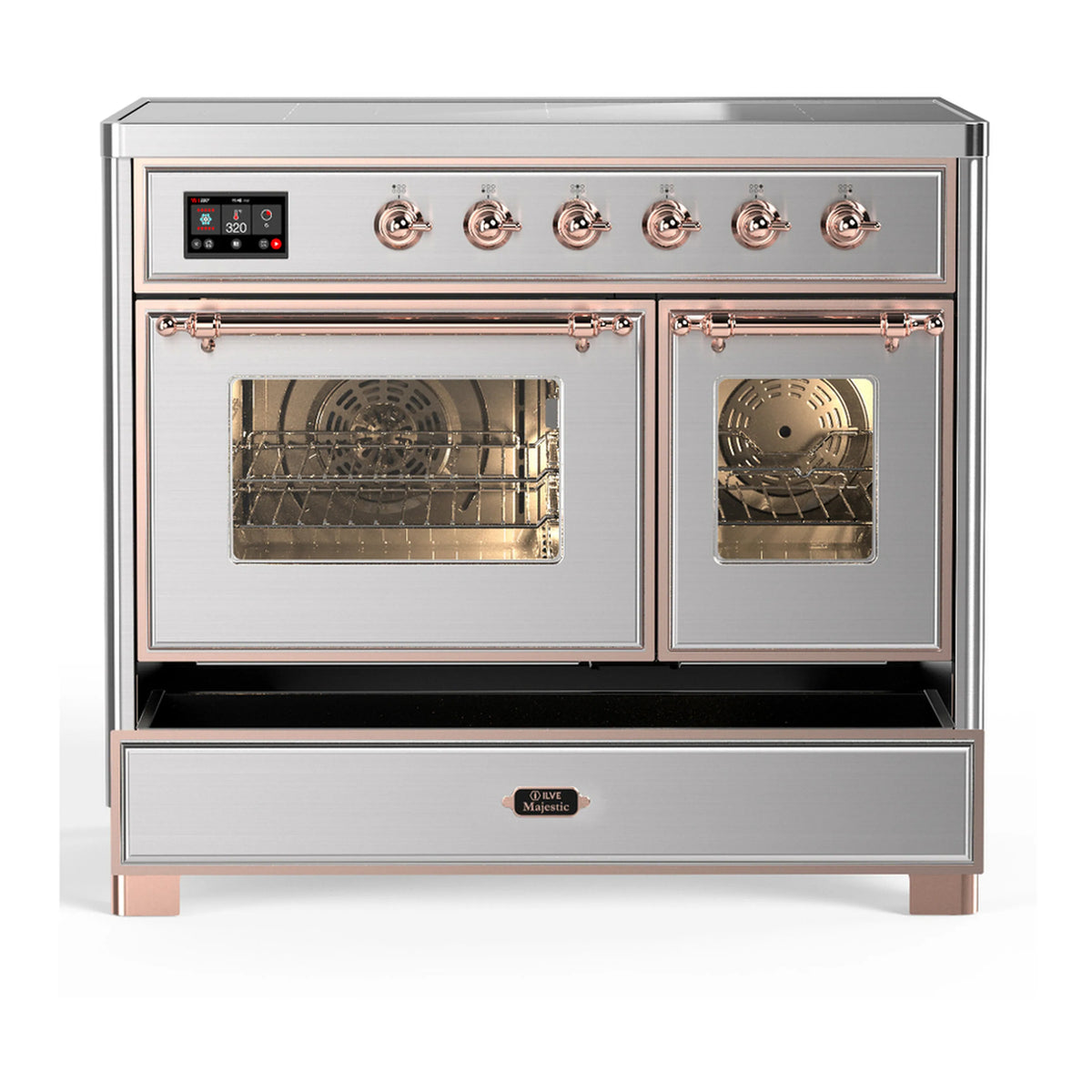 Stainless steel induction range with ovens open and cooktop controls along the back panel