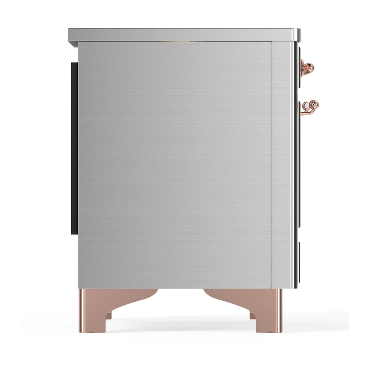 Stainless steel induction range side panel with copper-trimmed base feet